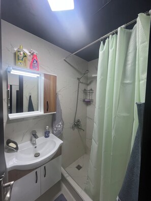 Shower, hair dryer, towels, toilet paper