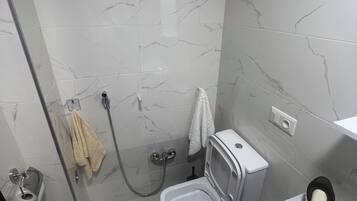 Shower, hair dryer, towels, toilet paper