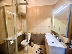 Een douche, een haardroger, handdoeken, toiletpapier