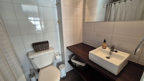 Un baño con inodoro, lavamanos y espejo.