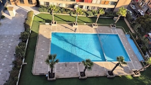 Una piscina rectangular con borde de azulejos, rodeada por un césped verde y palmeras.
