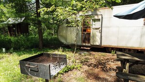 A rustic cabin with a small porch, surrounded by dense greenery. - Outlier Inn Vintage Trailer Upstate Catskills Farm (Woodridge)