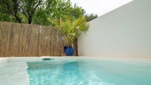 A swimming pool with clear water, surrounded by a bamboo fence and a potted plant.
