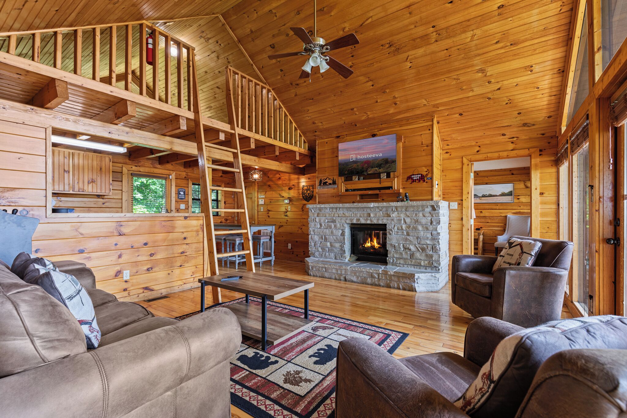 Family Cabin, 2 Bedrooms, Balcony, Mountain View | Living room | 60-inch Smart TV with digital channels, fireplace