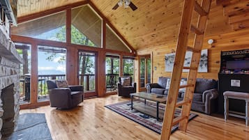 Family Cabin, 2 Bedrooms, Balcony, Mountain View | Living room | 60-inch Smart TV with digital channels, fireplace