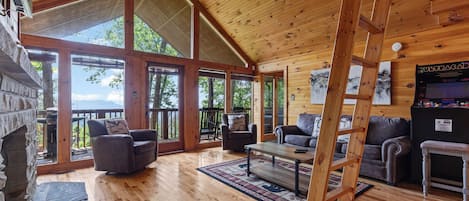 Family Cabin, 2 Bedrooms, Balcony, Mountain View | Living room | 60-inch Smart TV with digital channels, fireplace