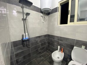 Hair dryer, towels, soap, toilet paper