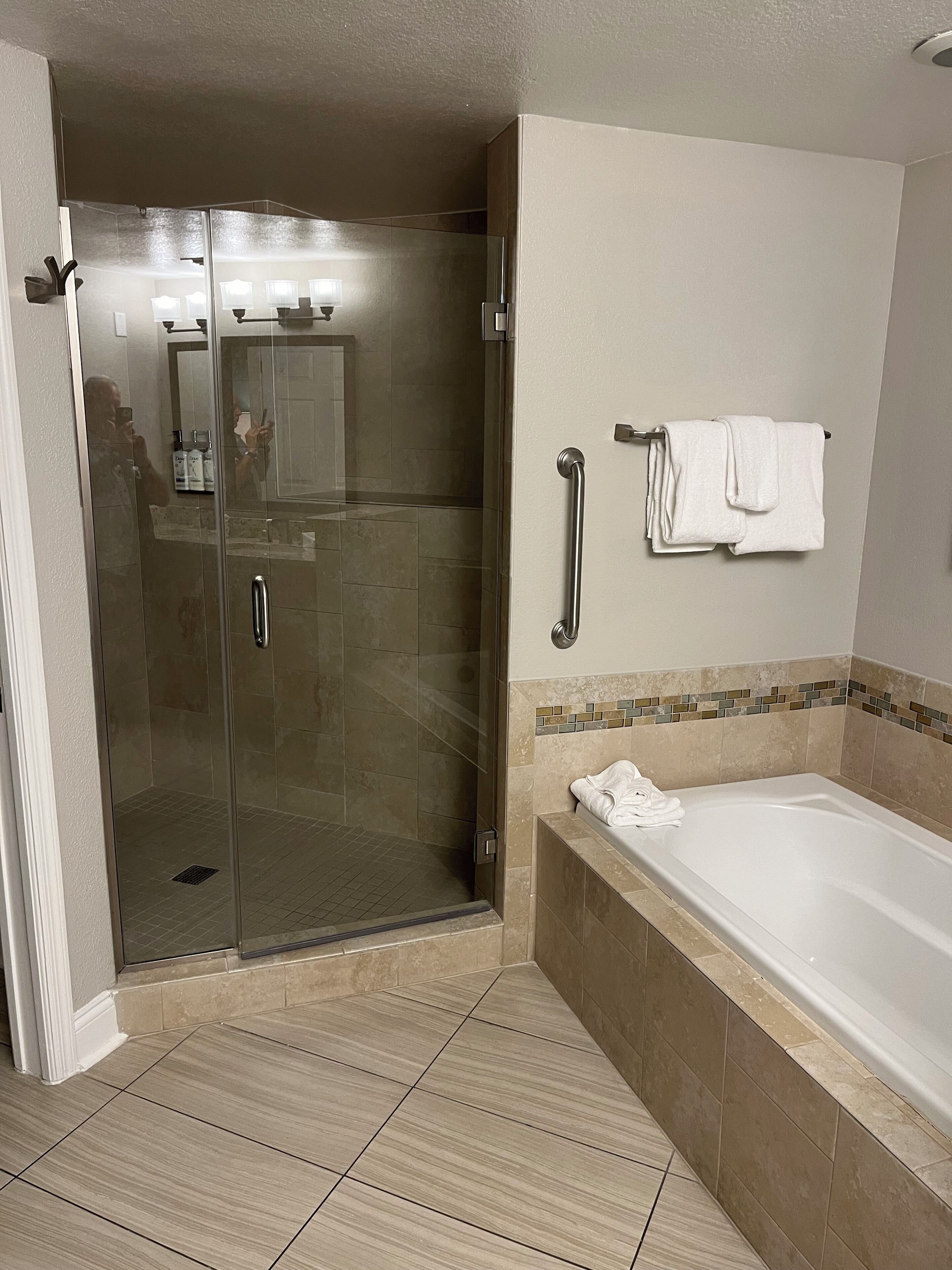 Hair dryer, towels, soap, shampoo