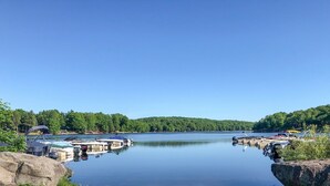 A calm lake with boats docked at a marina, surrounded by dense forest.