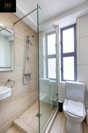 Hair dryer, towels, soap, toilet paper