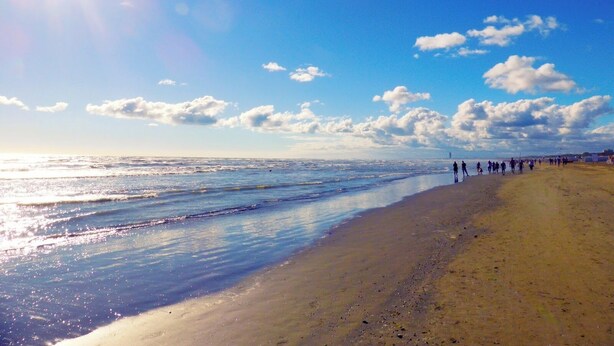 Une plage avec un ciel dégagé, des gens qui se promènent le long du rivage et l’océan en arrière-plan.