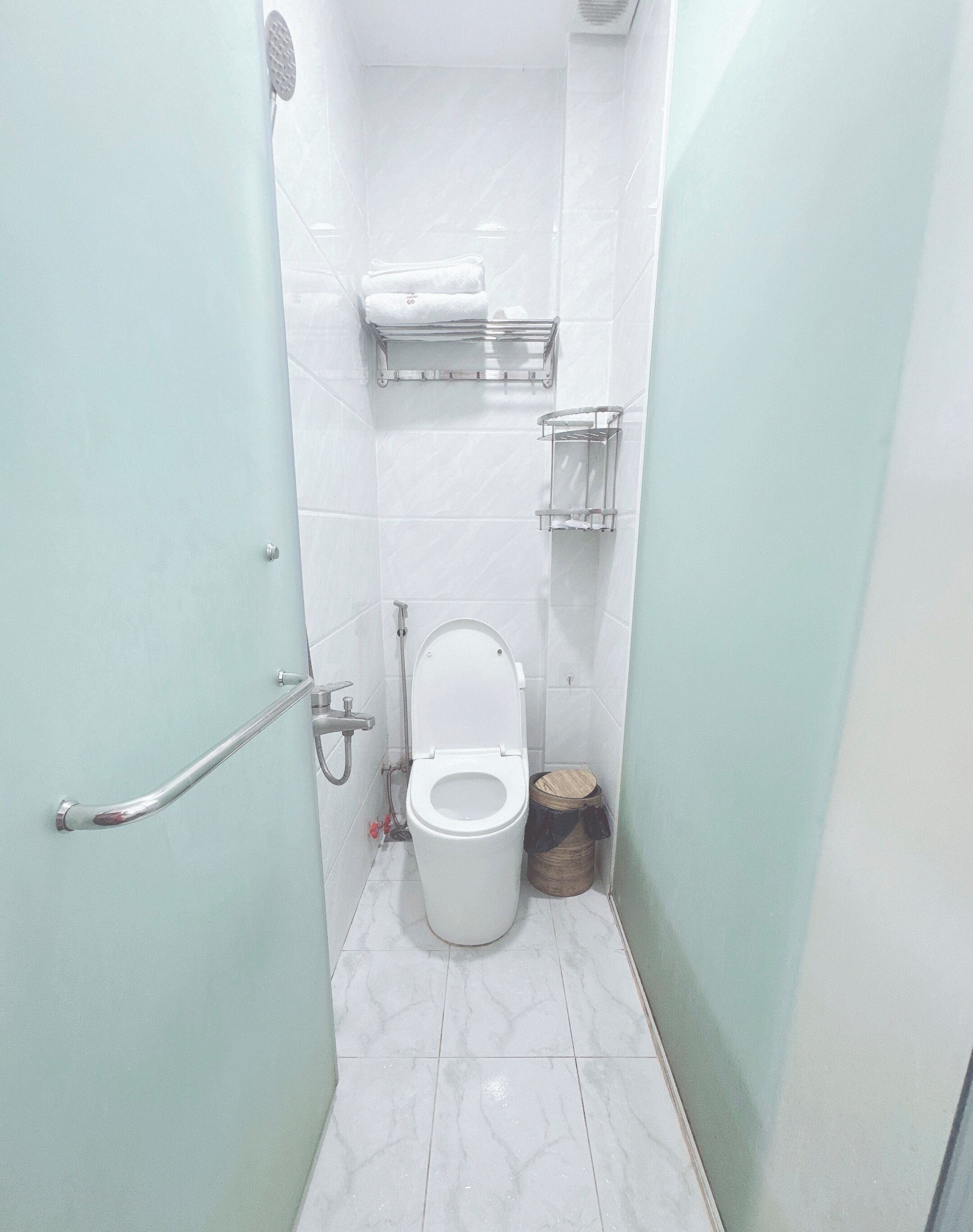 Un baño pequeño y estrecho con un inodoro, un pasamanos, un perchero para toallas y un cubo de basura.