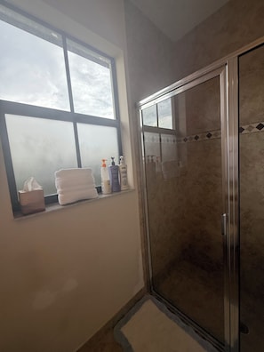 Ducha, secador de pelo, toallas, jabón