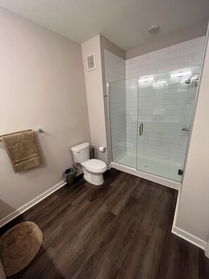 Chuveiro, secador de cabelo, toalhas de banho, sabonete