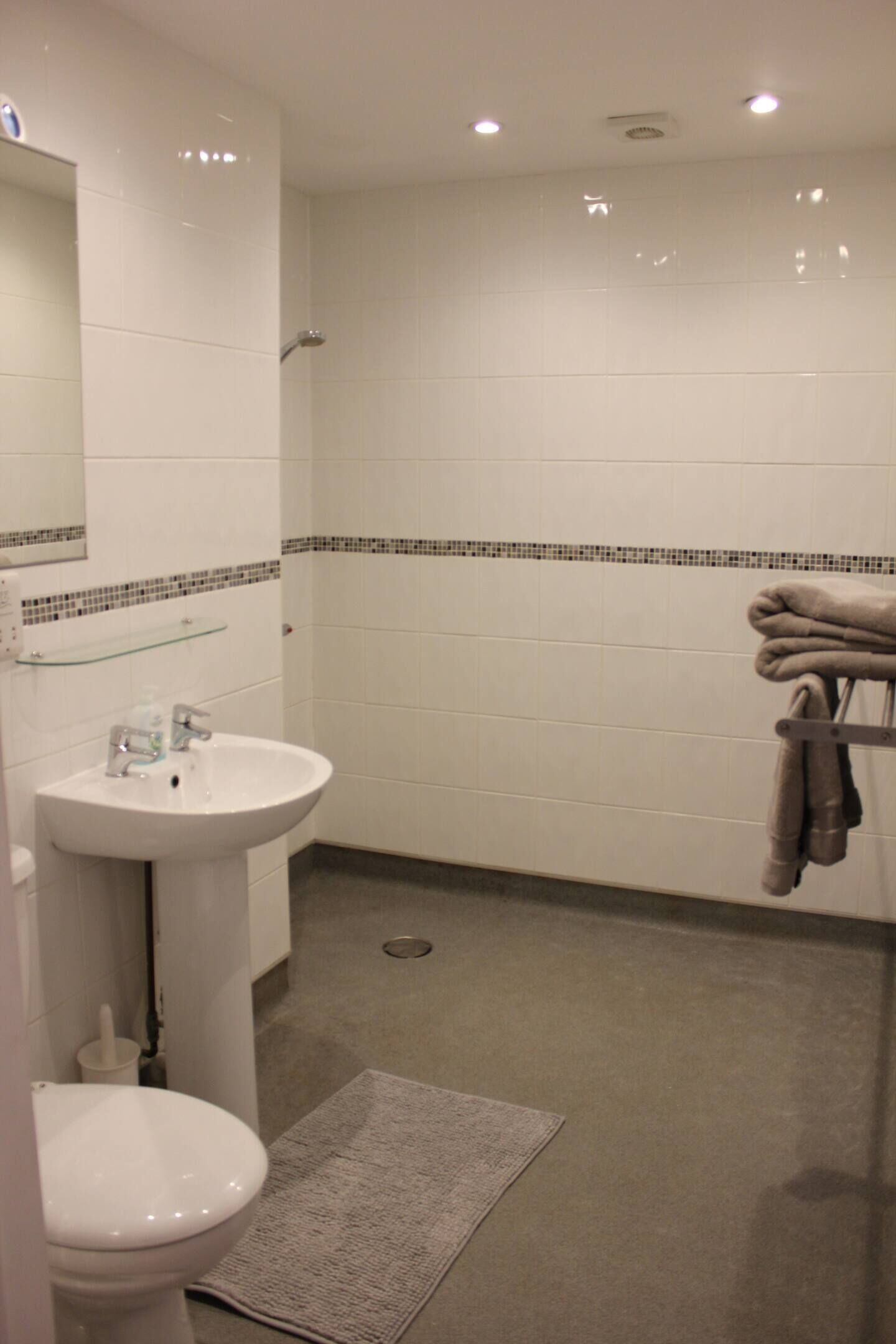 Chuveiro, secador de cabelo, toalhas de banho, sabonete