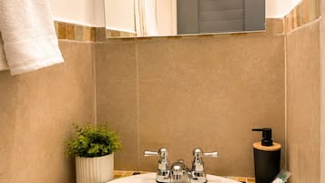 Un baño con lavamanos blanco, espejo, planta en maceta y toallero.