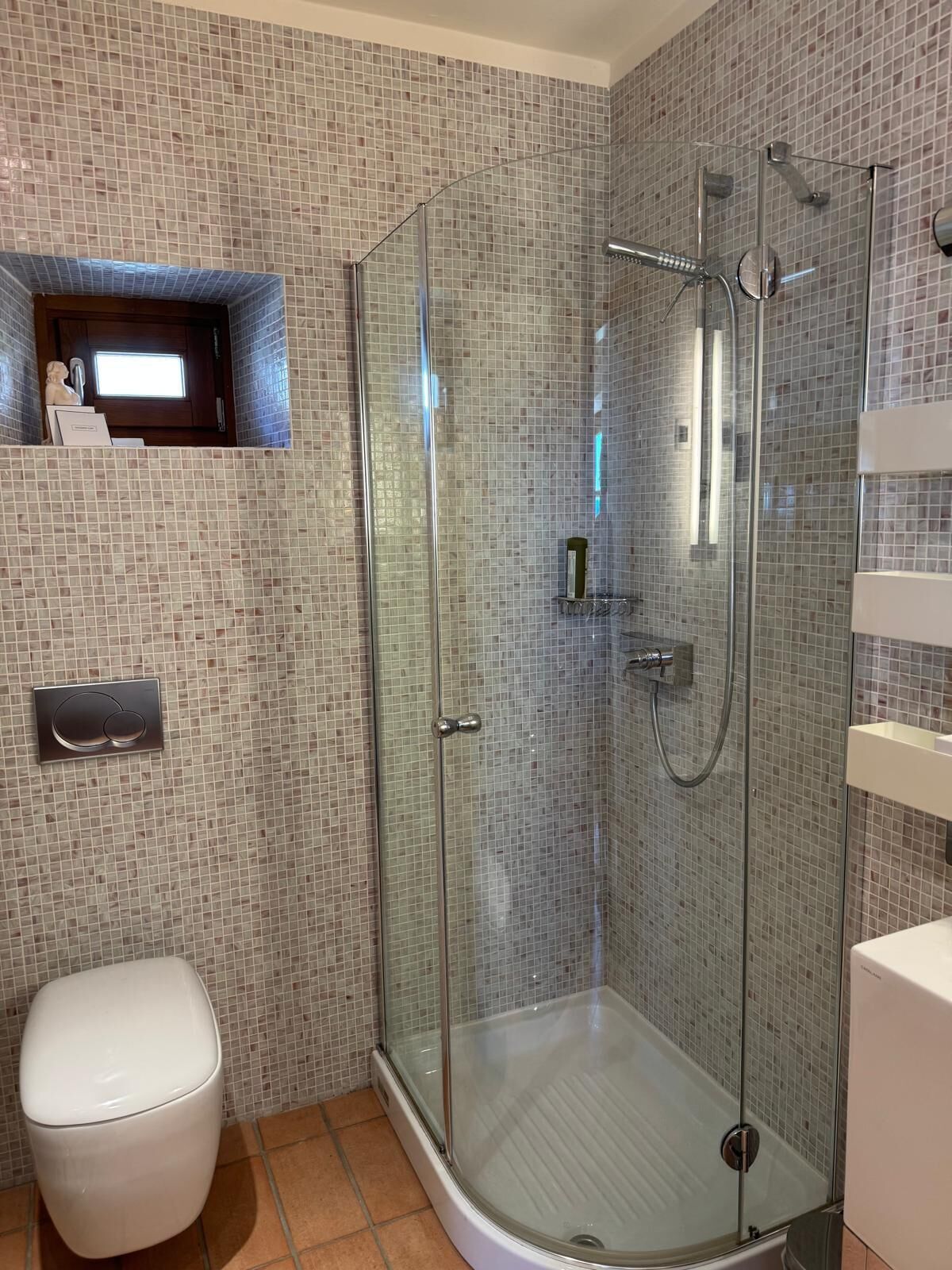 Ein modernes Badezimmer mit einer Duschkabine, einer Toilette und einem Ablagebereich für Toilettenartikel.