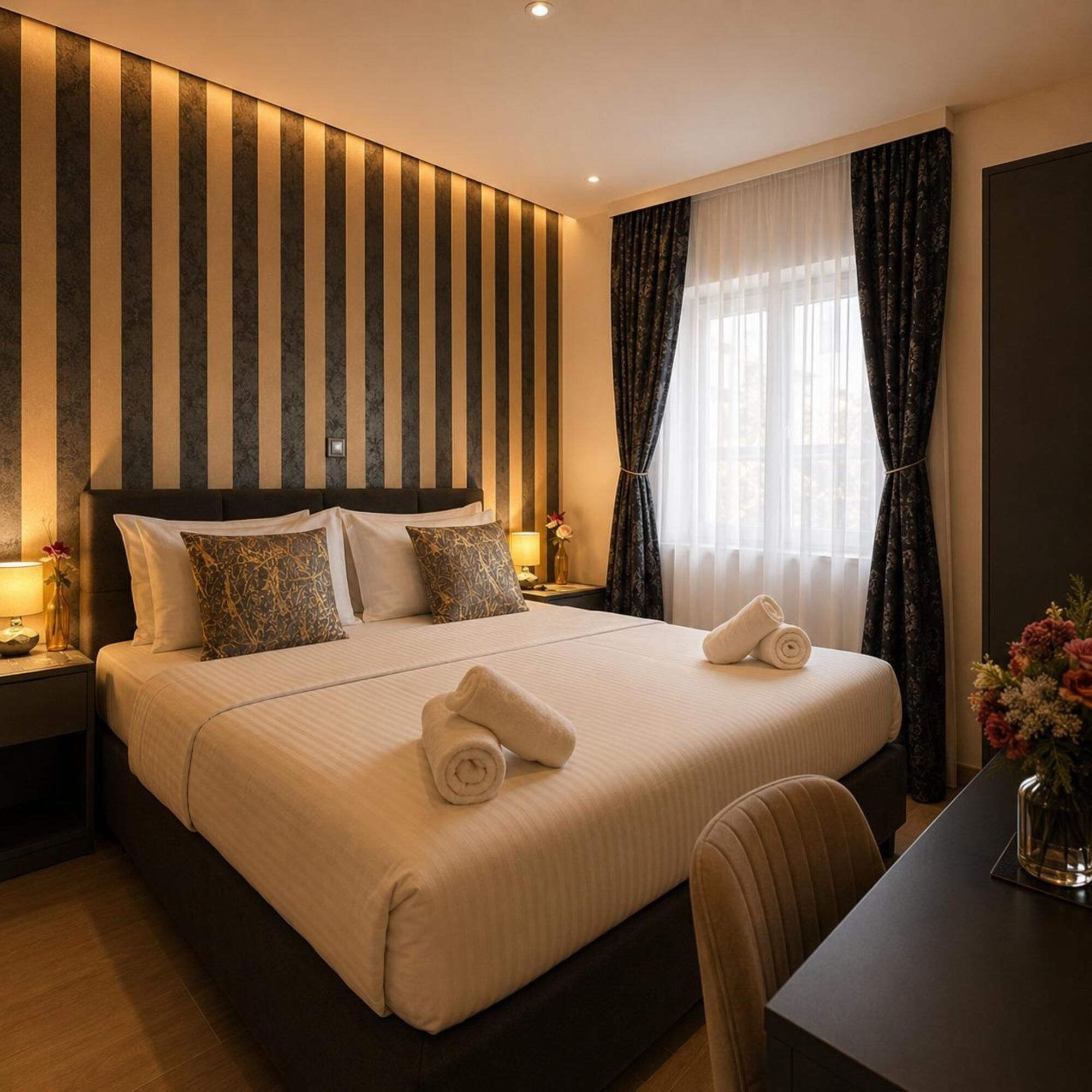 A hotel room with a large bed, two bedside tables, a desk, and a window with curtains.