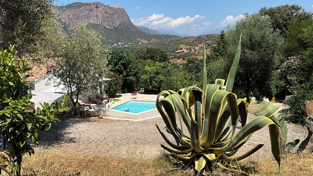 A swimming pool surrounded by lush greenery and a mountainous backdrop. - Studio room with jacuzzi and heated swimming pool 4X8 (Alata)