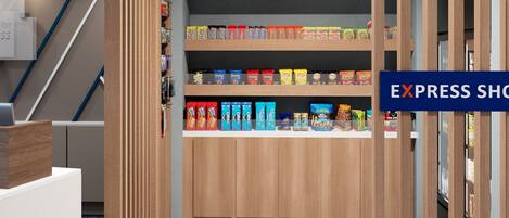 Un negozio moderno con scaffali in legno pieni di snack e un cartello con la scritta 'EXPRESS SHOP'.