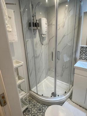 Shower, hair dryer, bidet, towels