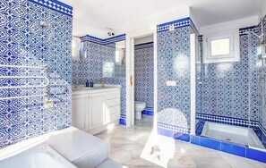 Hair dryer, towels, soap, shampoo
