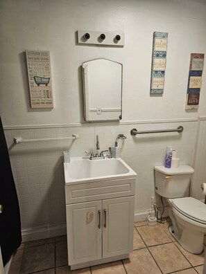 Hair dryer, towels, soap