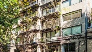 Un immeuble à plusieurs étages doté de balcons, un arbre au premier plan et un ciel dégagé.