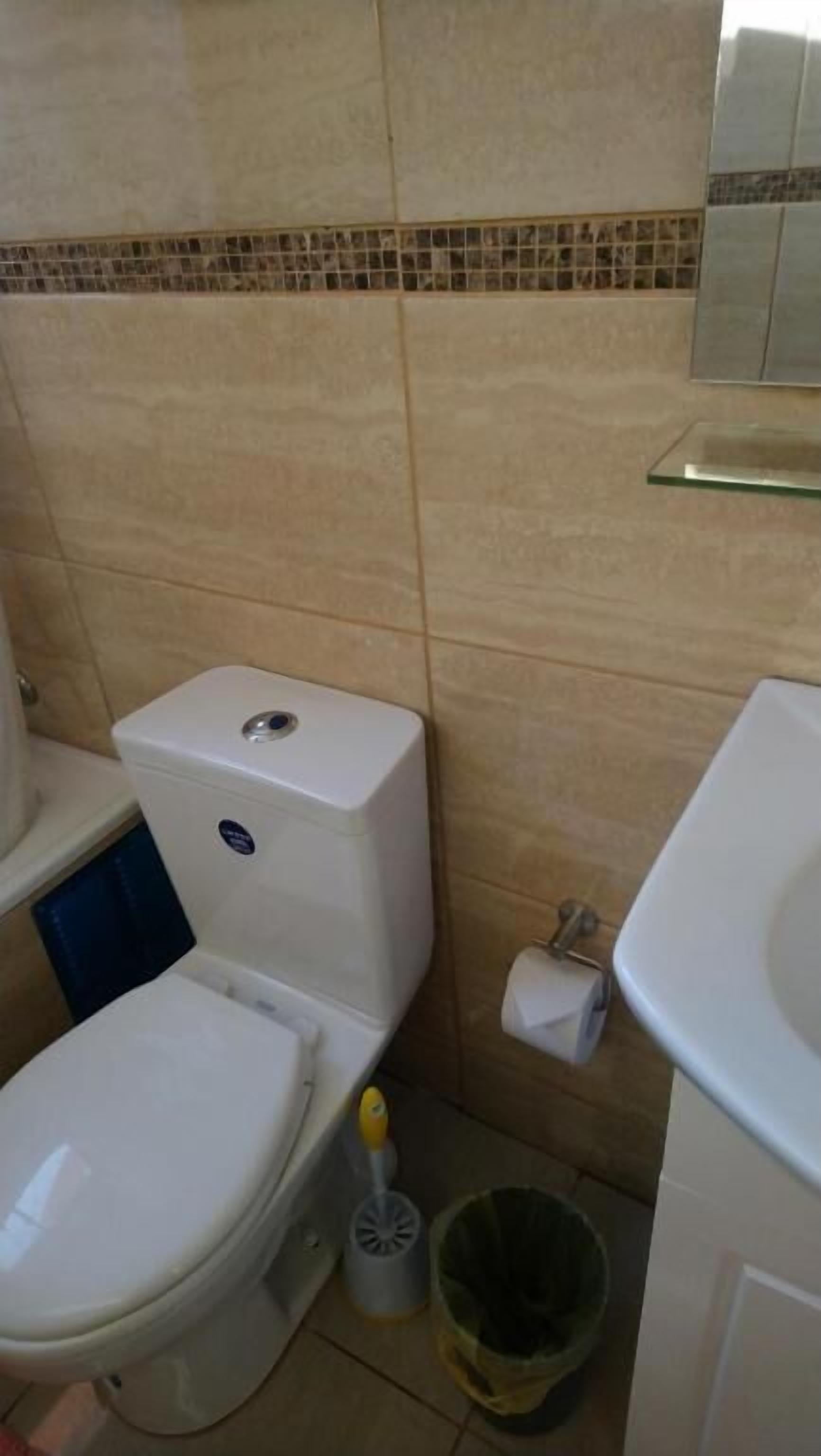 Une petite salle de bain avec des toilettes, une poubelle et un lavabo.