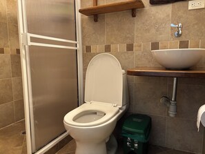 Quadruple Room | Bathroom | Shower, towels, soap, toilet paper