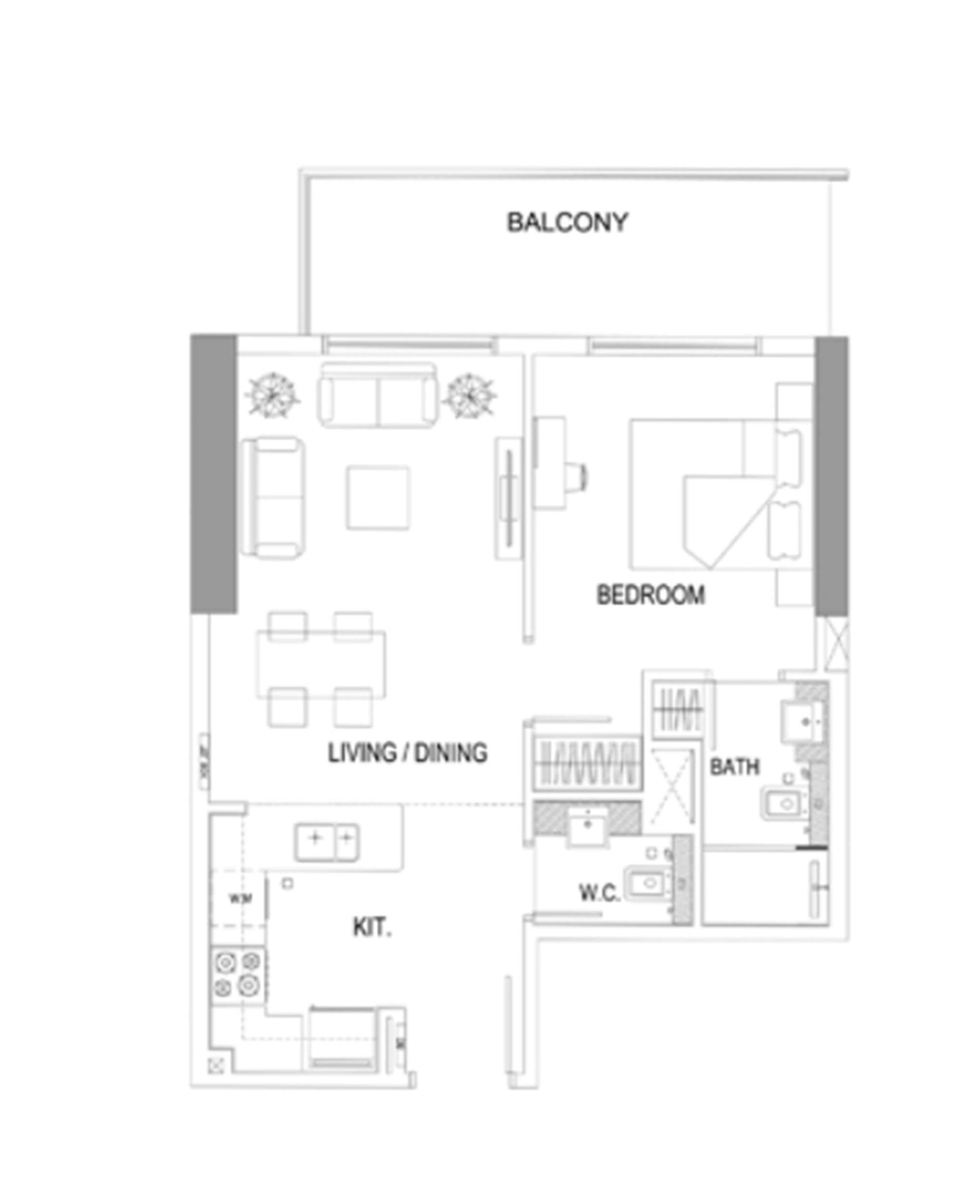 Grundriss eines Hotelzimmers mit Balkon, Schlafzimmer, Wohn-/Essbereich, Bad und Küche.