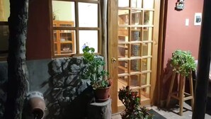 Puerta de madera con paneles de vidrio, plantas en macetas y una pared de piedra.