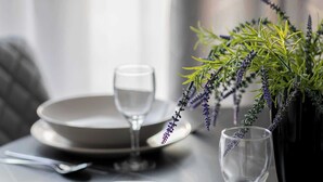 A dining table set with white plates, a glass, and a spoon, accompanied by a potted plant with green and purple foliage.