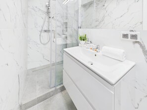 Shower, hair dryer, towels, shampoo