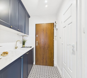 Fridge, microwave, stovetop, electric kettle