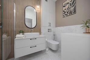 Shower, hair dryer, towels