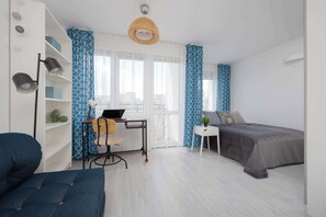 1 bedroom, desk, iron/ironing board, travel crib