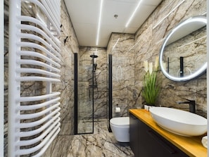 Shower, hair dryer, shampoo