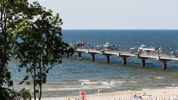 Eine Steg, der sich ins Wasser erstreckt, mit einem Strand im Vordergrund.