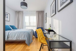 1 bedroom, desk, iron/ironing board, travel cot