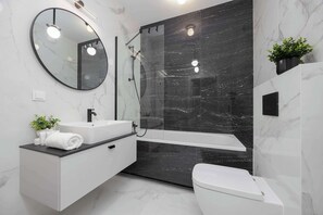 Shower, hair dryer, towels, shampoo