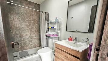 Shower, hair dryer, towels, soap