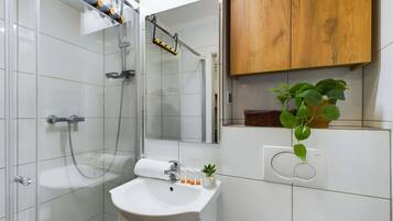 Shower, hair dryer, towels, shampoo