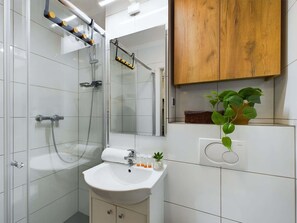 Chuveiro, secador de cabelo, toalhas de banho 