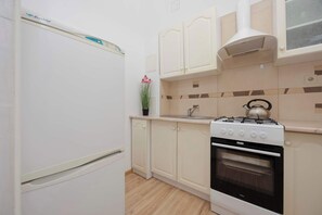 Fridge, oven, stovetop, cookware/dishes/utensils