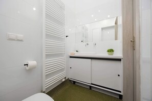 Dusche, Haartrockner, Handtücher, Shampoo