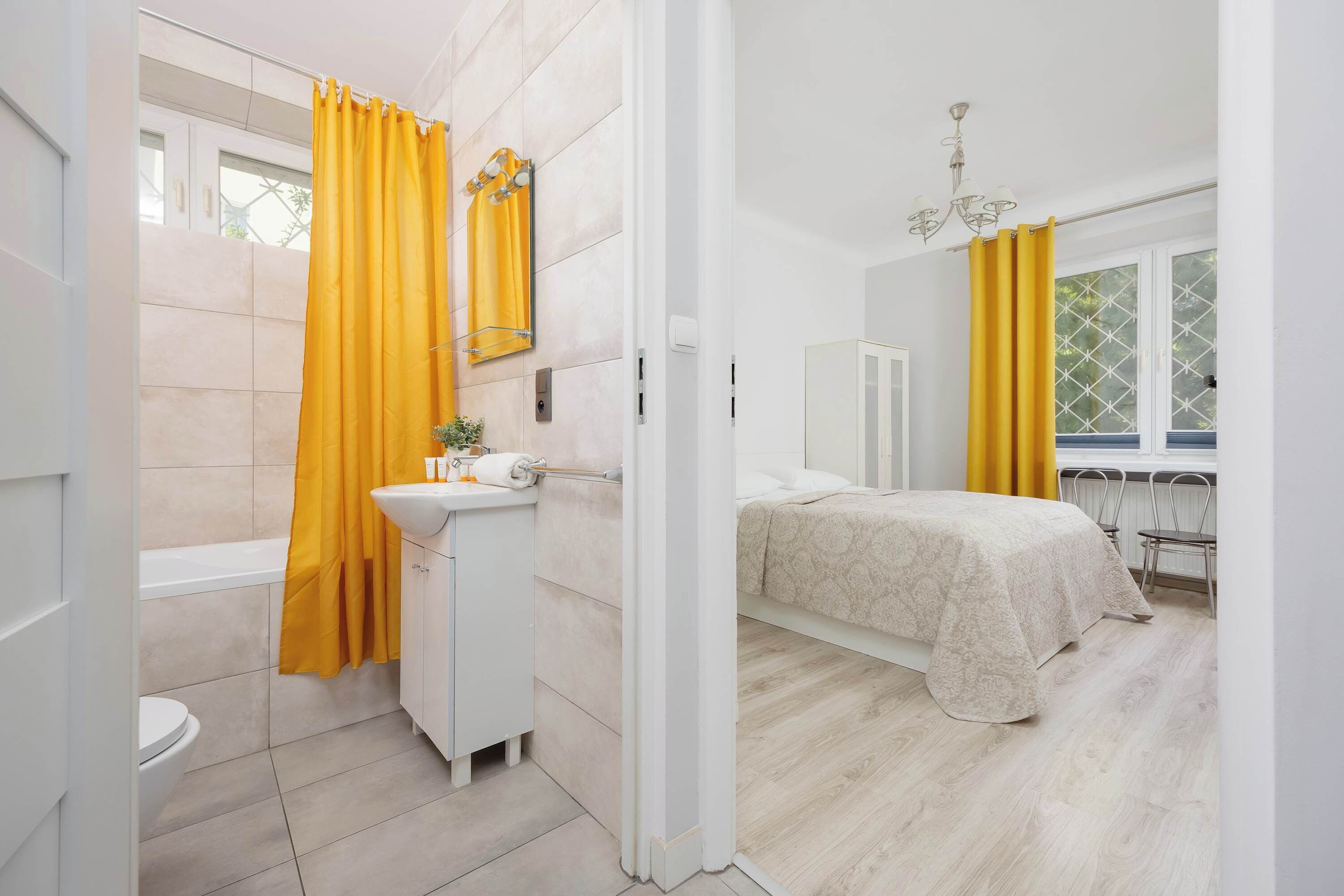 Shower, hair dryer, towels, shampoo