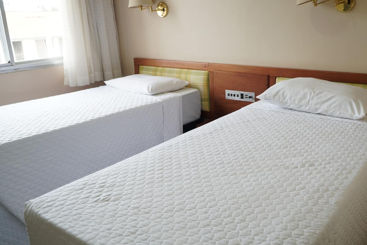 Two single beds with white bedding, a wooden headboard, and a wall socket.