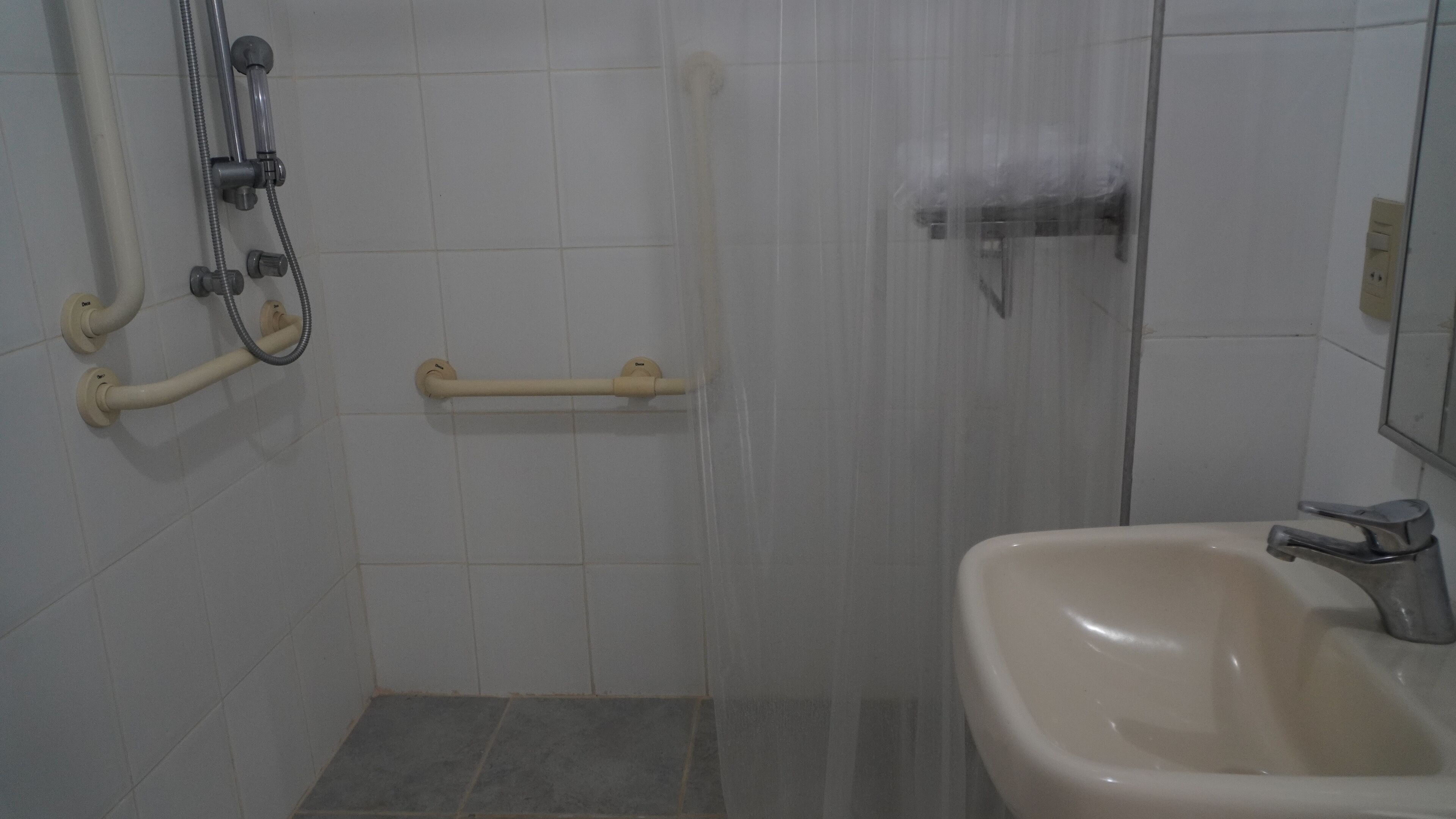 Un bagno con doccia, maniglioni, lavandino e specchio.