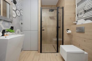 Shower, hair dryer, towels, shampoo